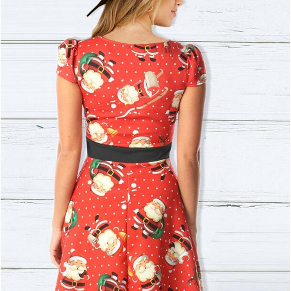 Women Round Neck Short Sleeve Skirt Red