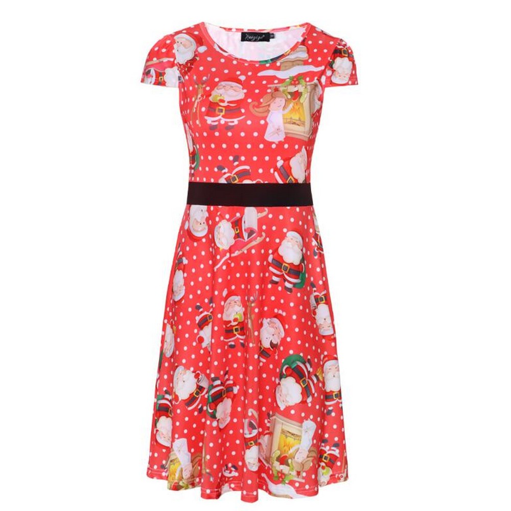 Women Round Neck Short Sleeve Skirt Red
