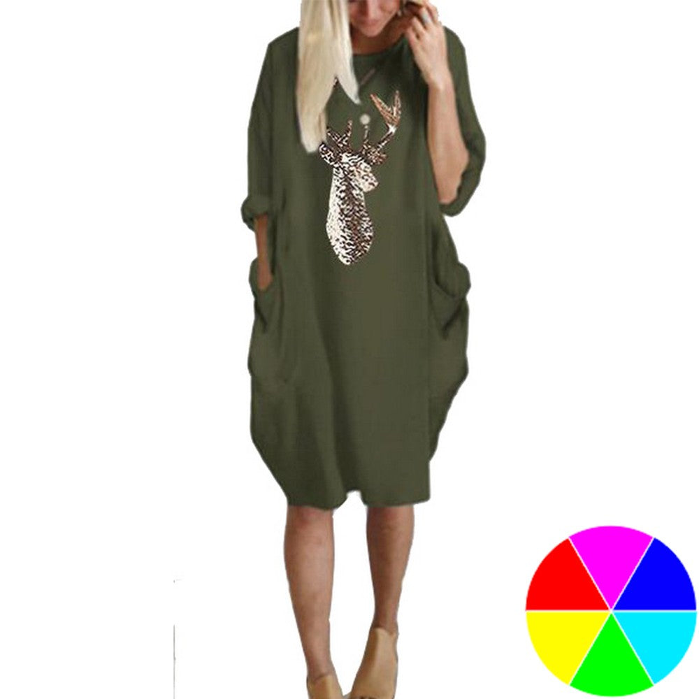 Women Christams Printed Crew Neck Skirt