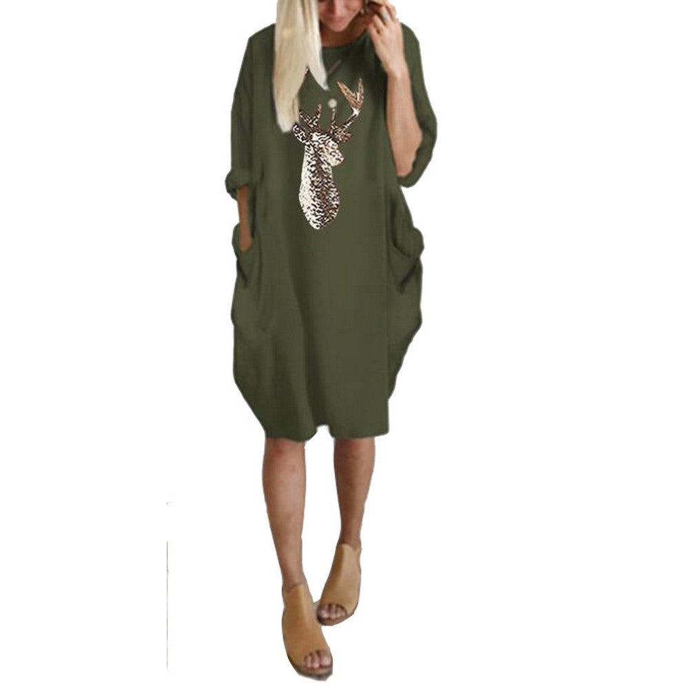 Women Christams Printed Crew Neck Skirt