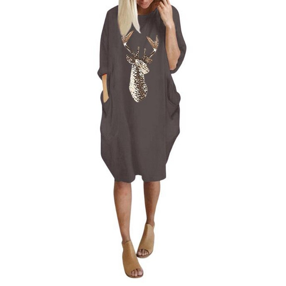 Women Christams Printed Crew Neck Skirt