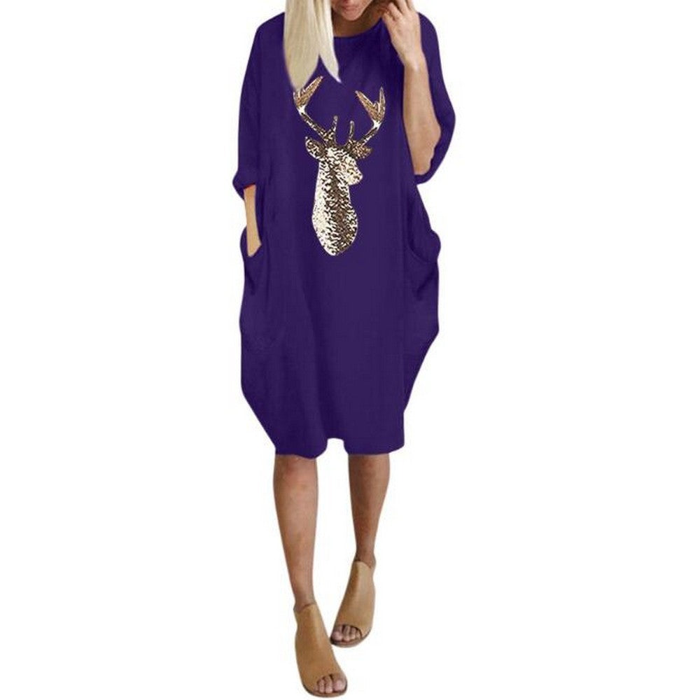 Women Christams Printed Crew Neck Skirt