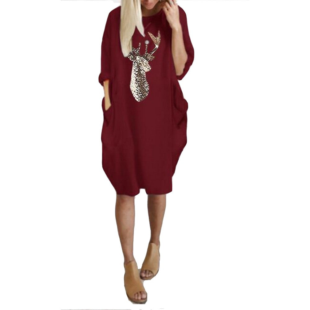 Women Christams Printed Crew Neck Skirt