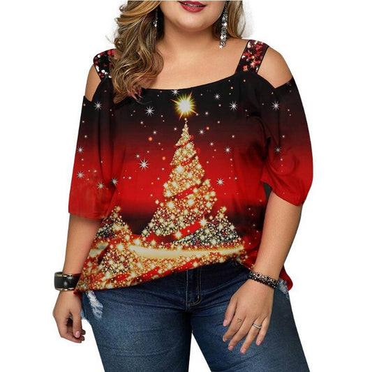 Women Christams Printed Off Shoulder T Shirt Black