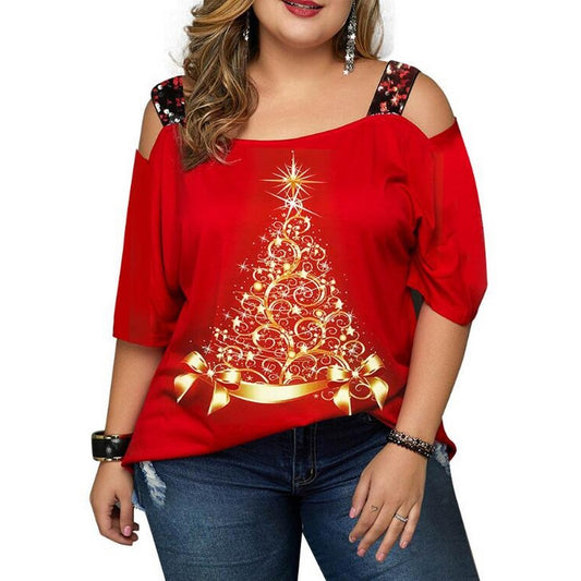 Women Christams Printed Off Shoulder T Shirt Red