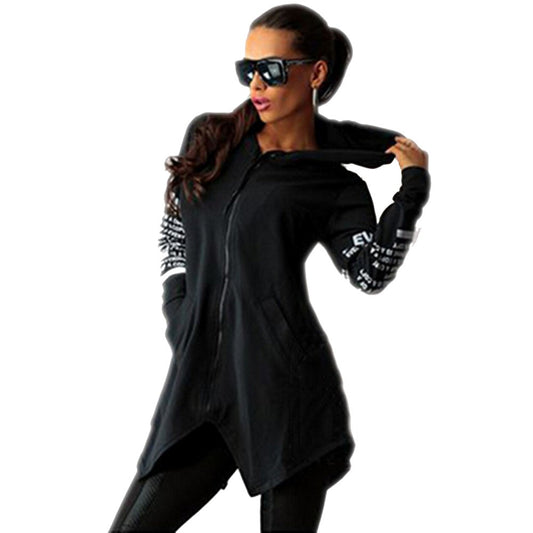 Women Letter Print Zipper Hoodies Black