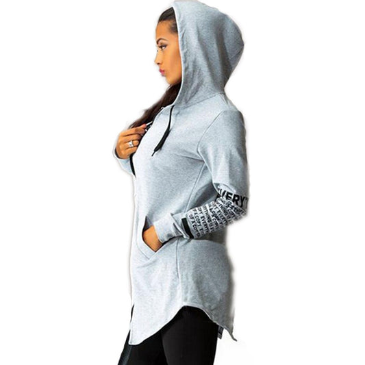 Women Letter Print Zipper Hoodies Black