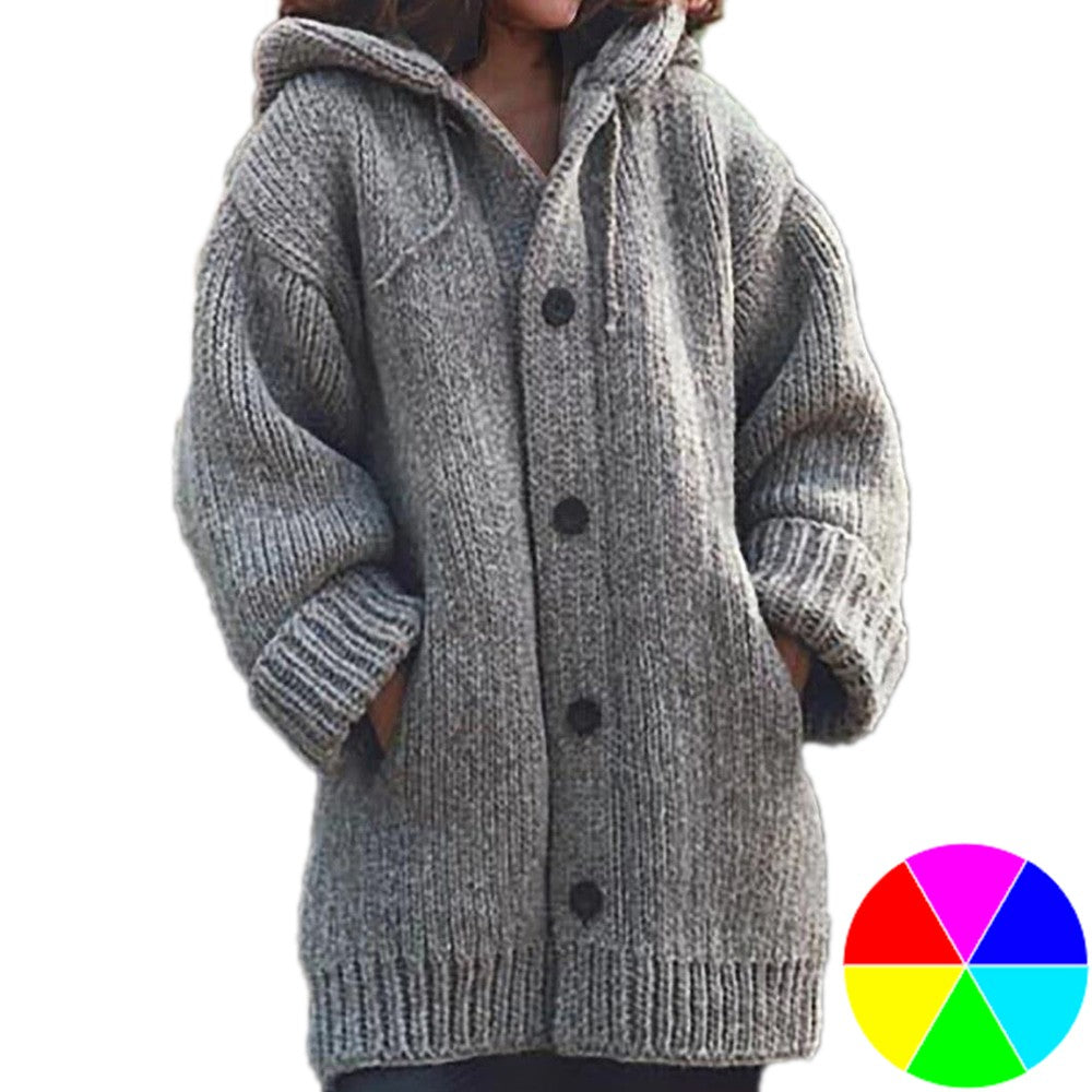 Women Hooded Button Knit Cardigan Coat