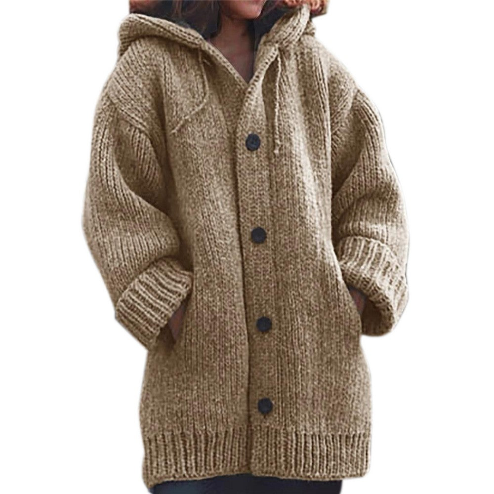 Women Hooded Button Knit Cardigan Coat