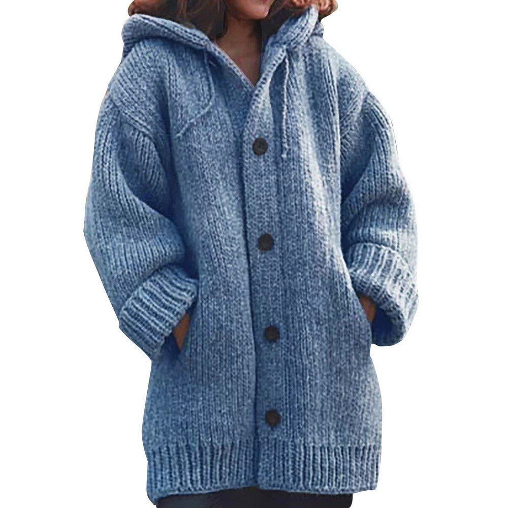 Women Hooded Button Knit Cardigan Coat