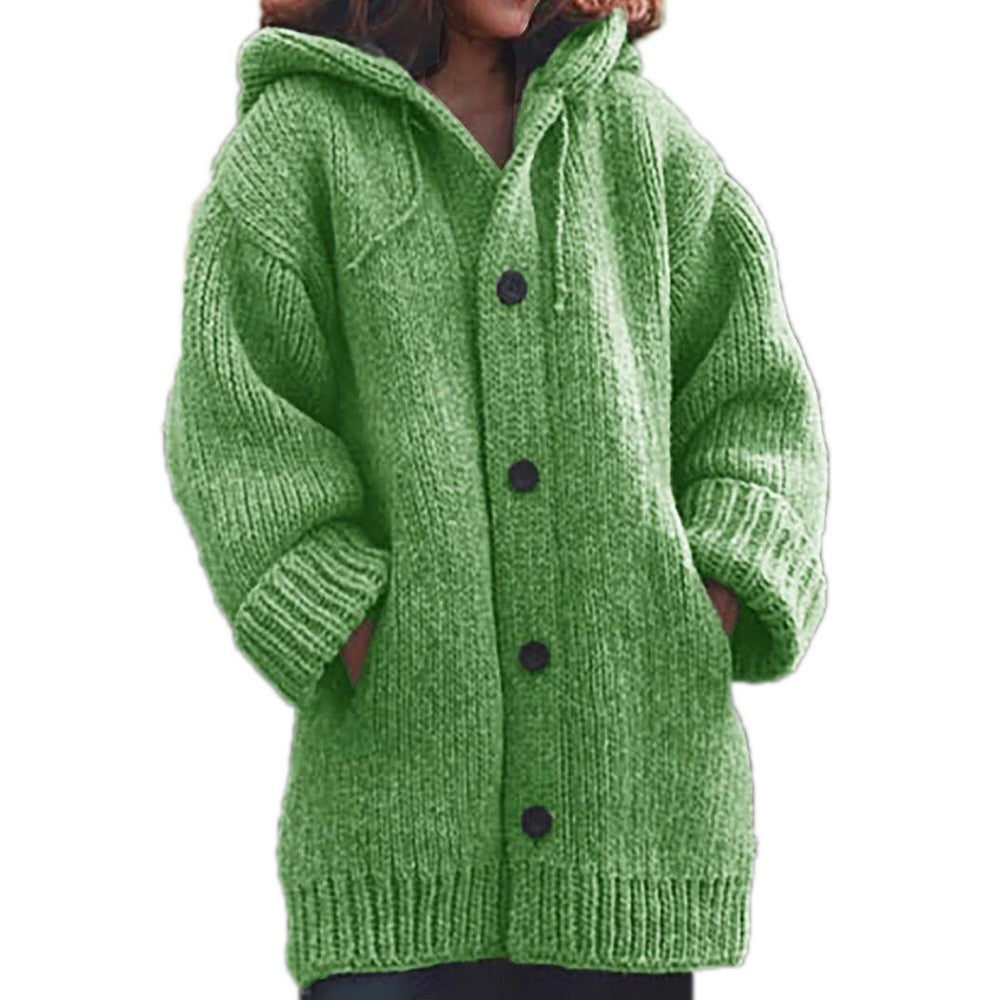 Women Hooded Button Knit Cardigan Coat