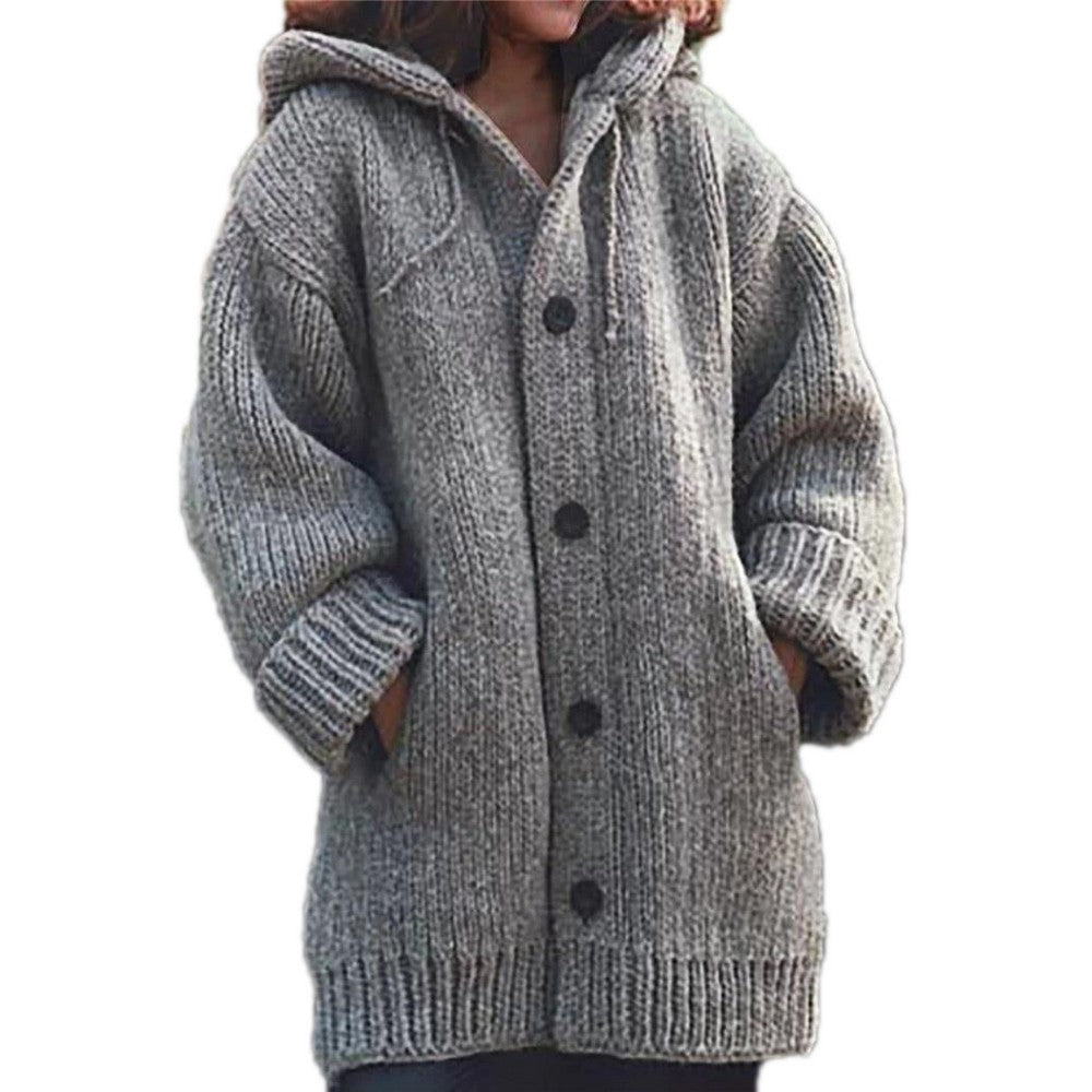 Women Hooded Button Knit Cardigan Coat