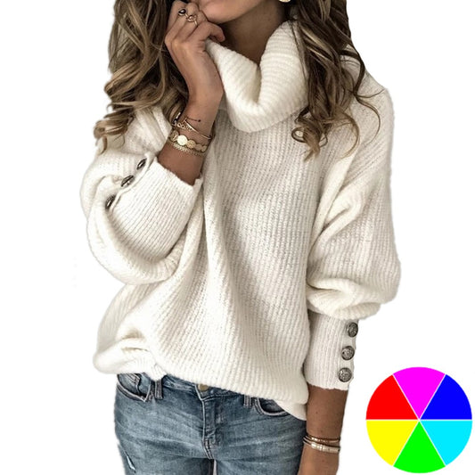 Women High Collar Button Sleeve Sweater