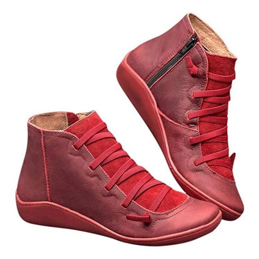 Women Arch Support Ankle Booties with Side Zipper Red