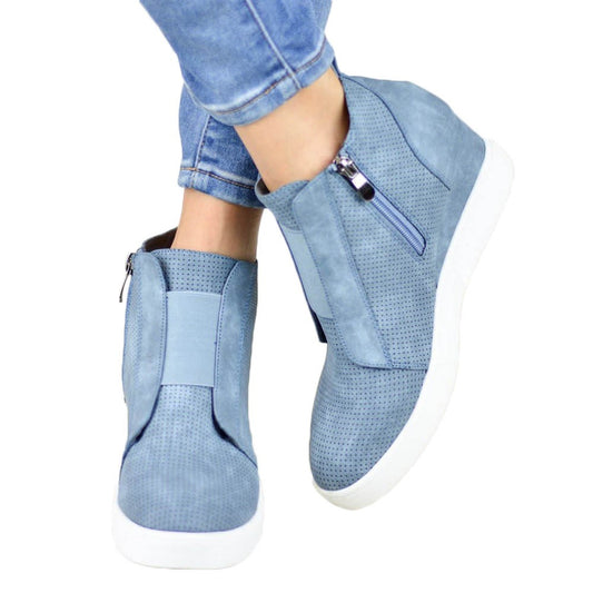 Women High Thick Heel Side Zipper Boots Blue