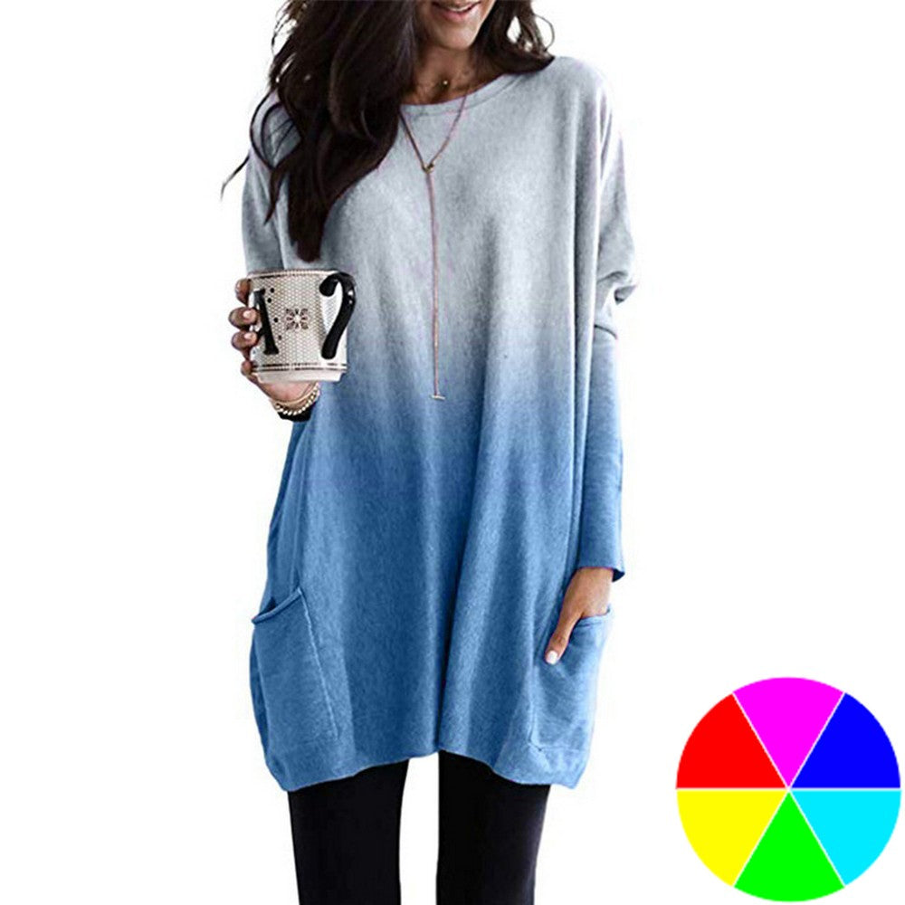 Gradient Long Sleeve T Shirt with Pockets