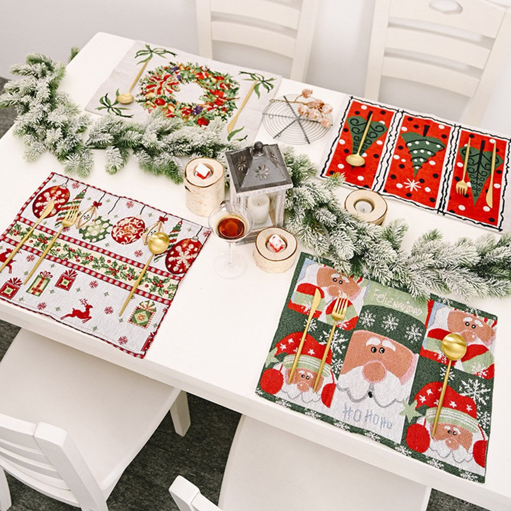 4pcs Christmas Placemats Santa Claus Wreath Tree Elk Pattern Tableware Insulation Pads