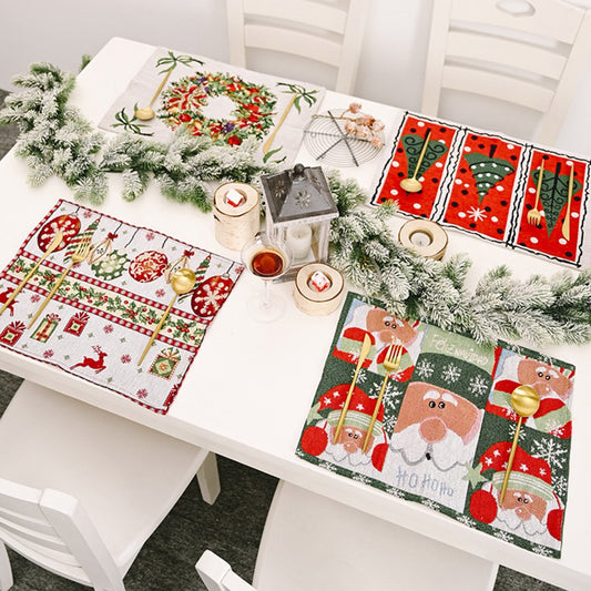 4pcs Christmas Placemats Santa Claus Wreath Tree Elk Pattern Tableware Insulation Pads