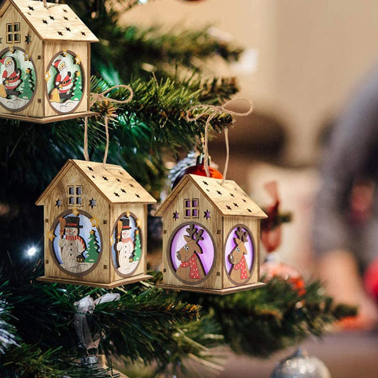 3Pcs Wooden Luminous Cabin Handmade DIY Christmas Hanging Pendant Ornament
