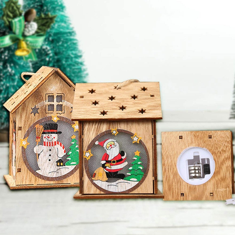 3Pcs Wooden Luminous Cabin Handmade DIY Christmas Hanging Pendant Ornament