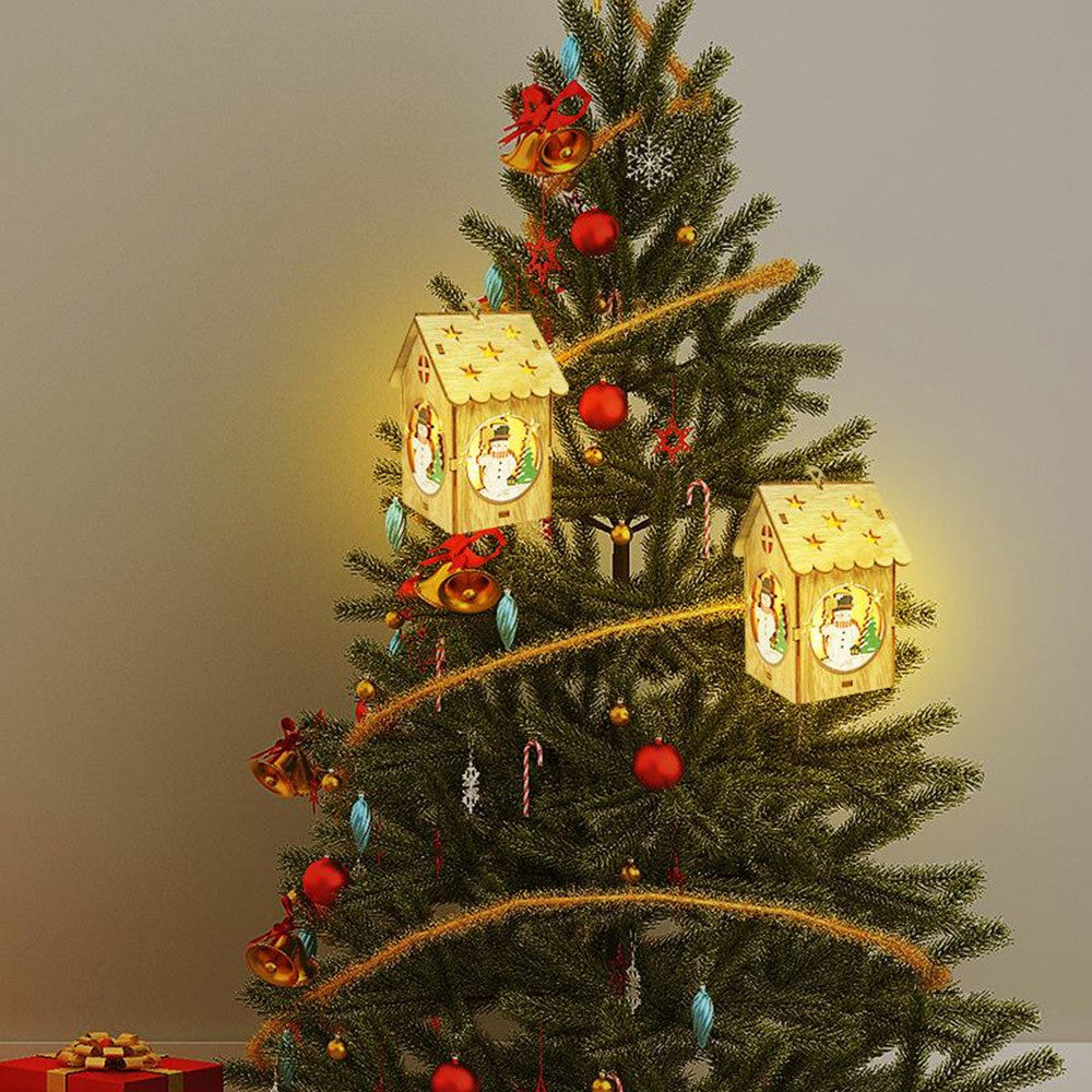 3Pcs Wooden Luminous Cabin Handmade DIY Christmas Hanging Pendant Ornament