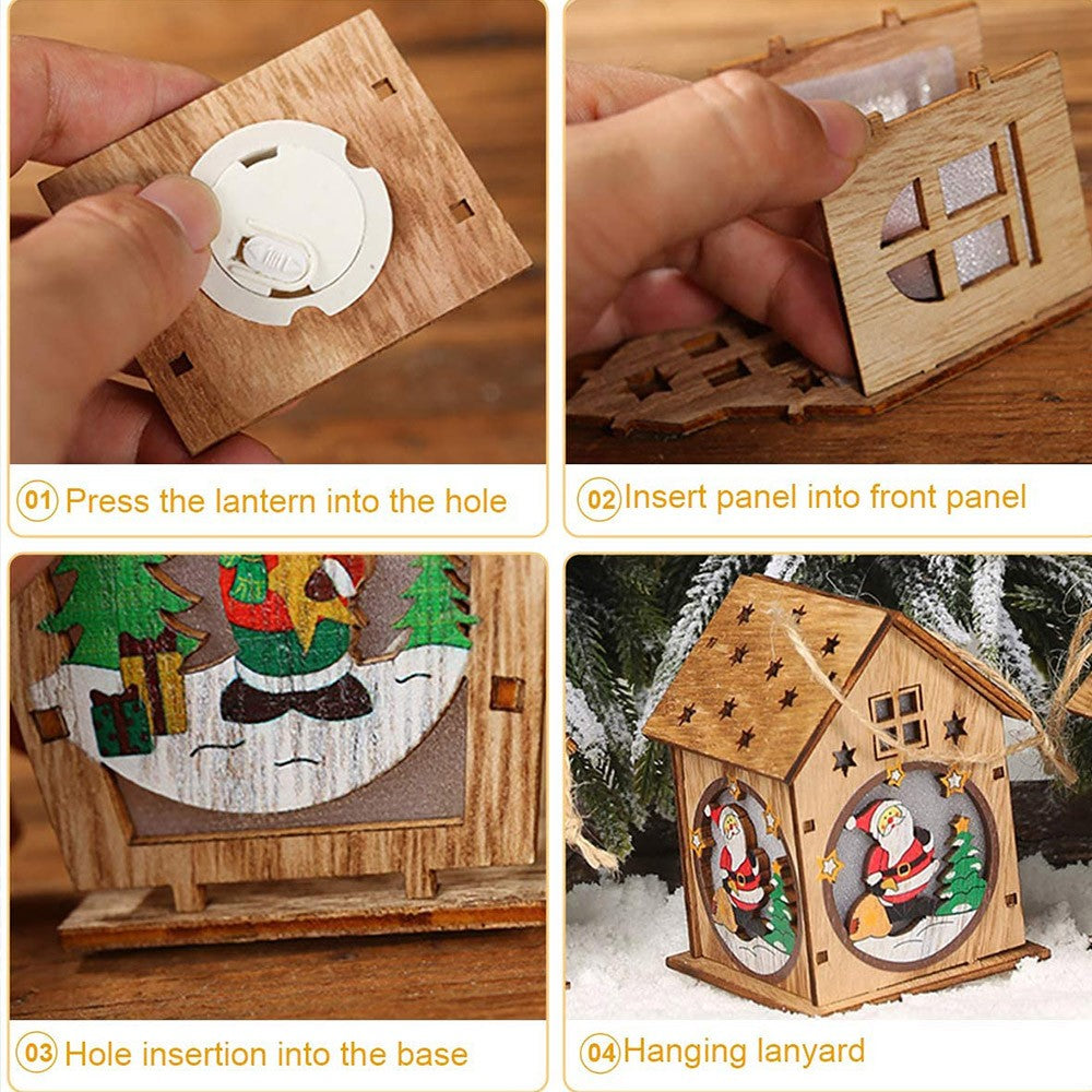 3Pcs Wooden Luminous Cabin Handmade DIY Christmas Hanging Pendant Ornament
