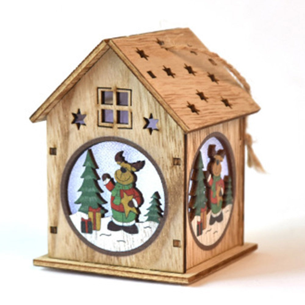 3Pcs Wooden Luminous Cabin Handmade DIY Christmas Hanging Pendant Ornament