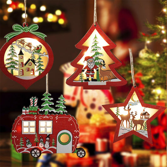 4Pcs Wood Christmas Hanging Lighting Pendants