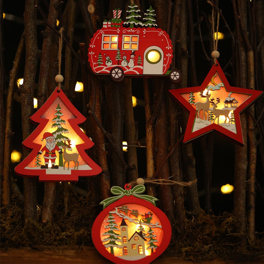 4Pcs Wood Christmas Hanging Lighting Pendants