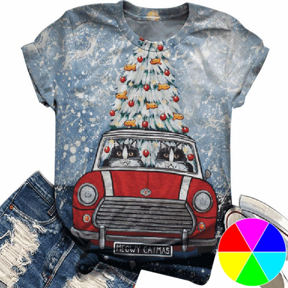 Womens Christmas Cute Cats Print T-Shirt
