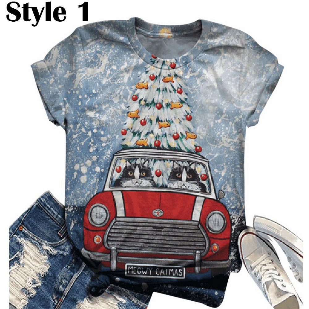 Womens Christmas Cute Cats Print T-Shirt