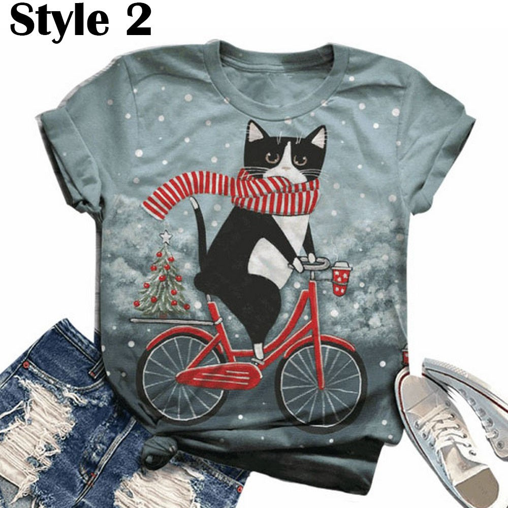 Womens Christmas Cute Cats Print T-Shirt