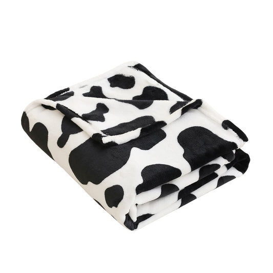 130x150cm Cow Print Blanket Bed Faux Fur Throw Blanket Flannel Blanket Black