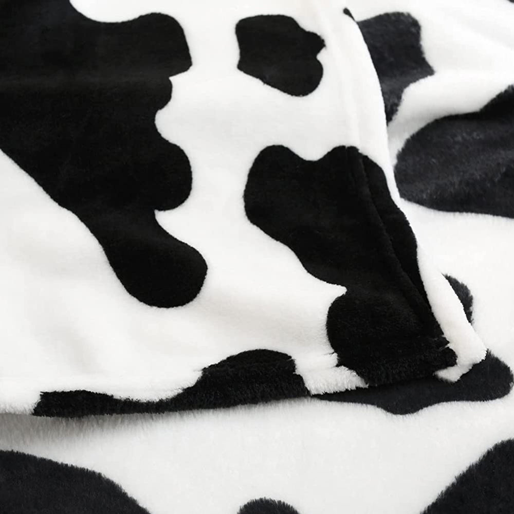 130x150cm Cow Print Blanket Bed Faux Fur Throw Blanket Flannel Blanket Black