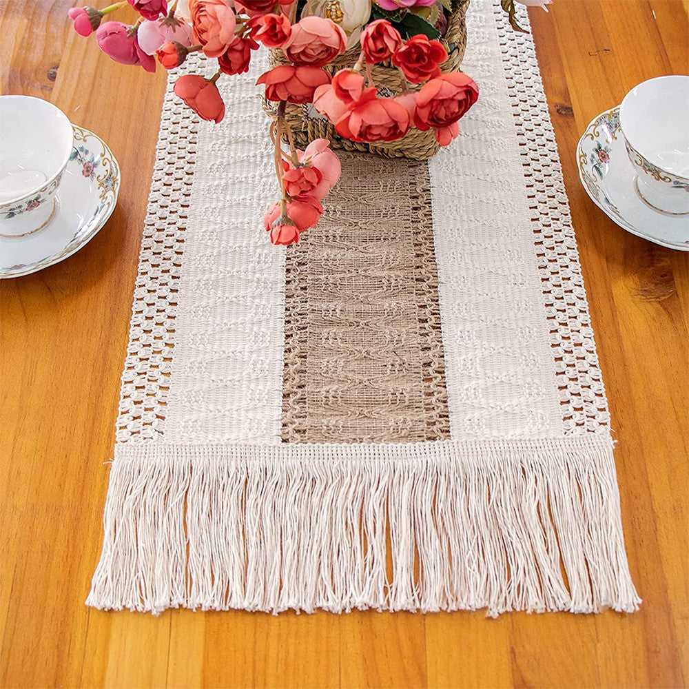 280x30cm Macrame Table Runners Burlap Cotton Table Flag with Tassels Style 1