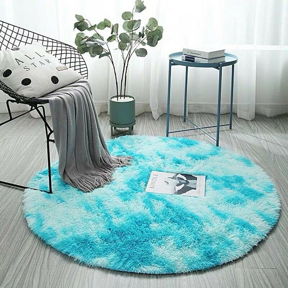 100cm Dyed Shaggy Plush Round Rug Fluffy Carpet Blue
