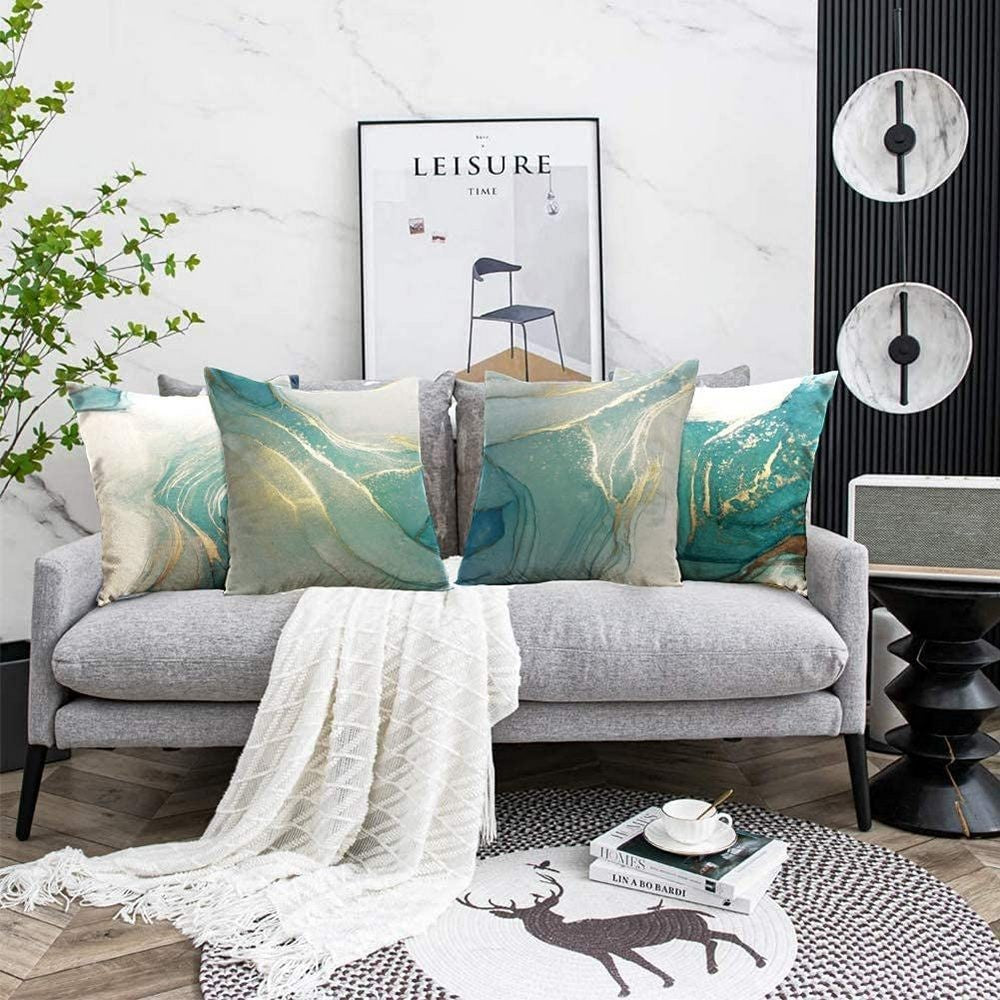 4Pcs Luxury Cushion Covers Marble Texture Turquoise and Gold Silver Pillow Cover