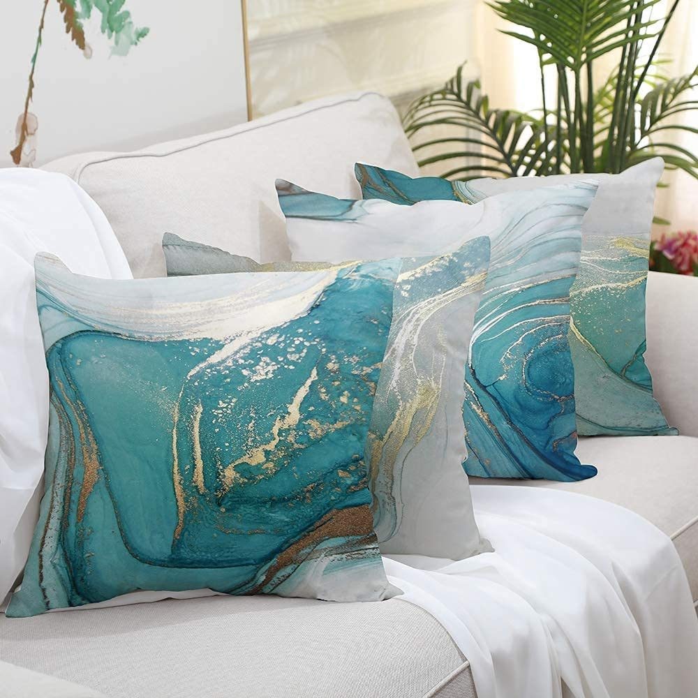 4Pcs Luxury Cushion Covers Marble Texture Turquoise and Gold Silver Pillow Cover
