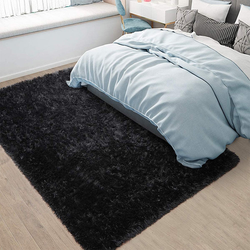 50x120cm Shaggy Fluffy Floor Mat Area Rug Carpet for Bedroom Living Room Black