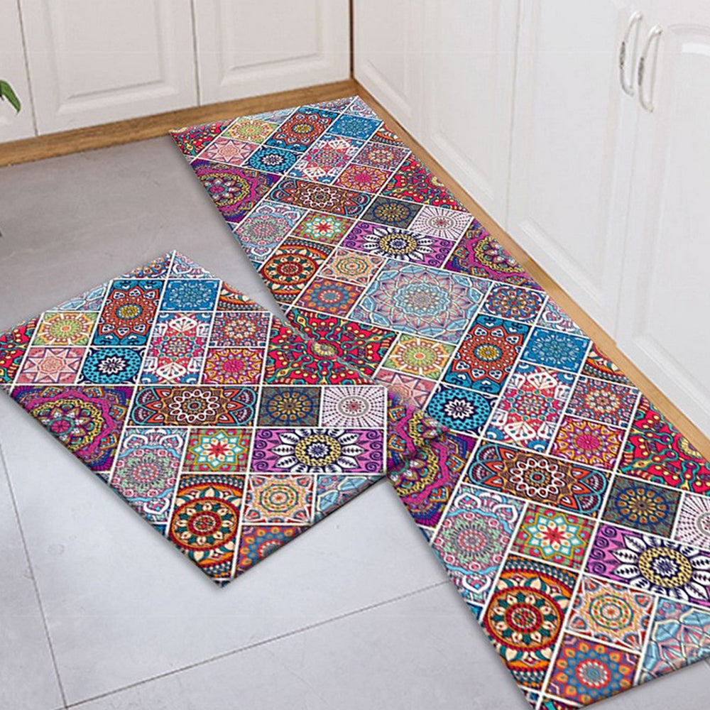 2Pcs Bohemian Kitchen Rugs Non Slip Floor Mat Door Carpet Style A