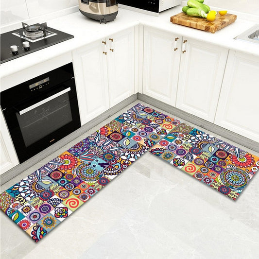 2Pcs Bohemian Kitchen Rugs Non Slip Floor Mat Door Carpet Style C