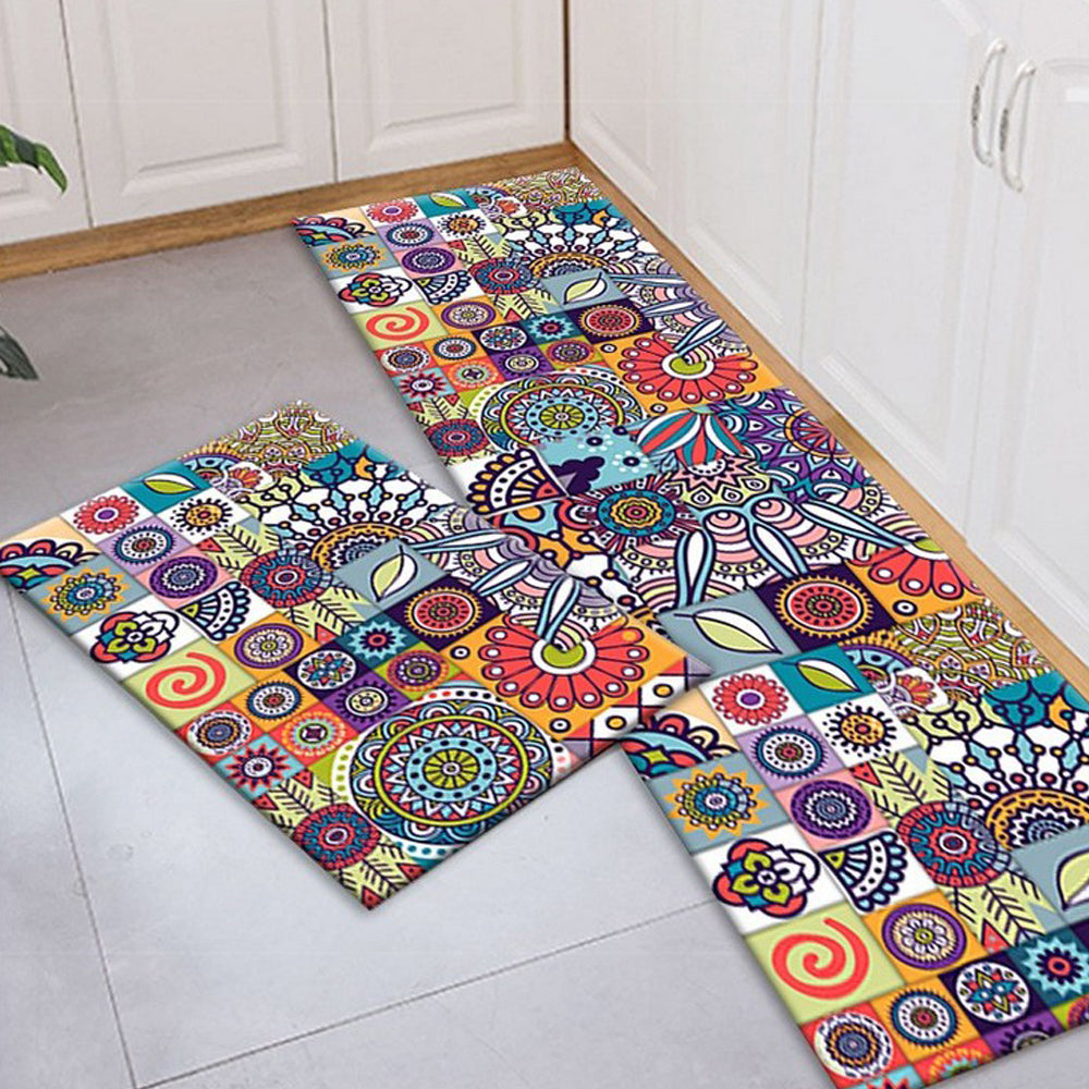 2Pcs Bohemian Kitchen Rugs Non Slip Floor Mat Door Carpet Style C