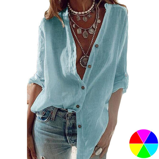 Women Solid Color Linen V Neck Shirt