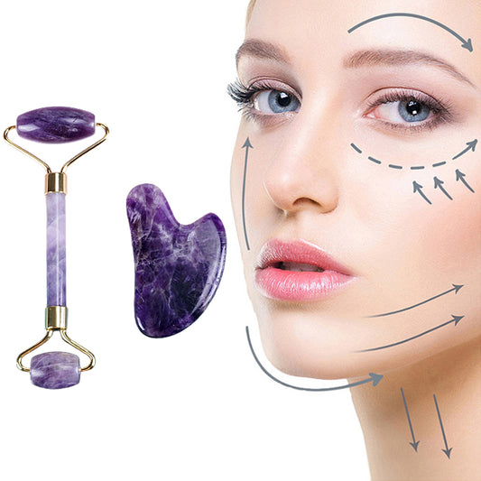 Purple Jade Roller Face Neck Gua Sha Scraping Massager Set