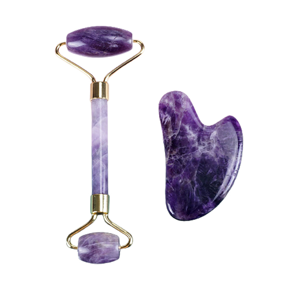 Purple Jade Roller Face Neck Gua Sha Scraping Massager Set