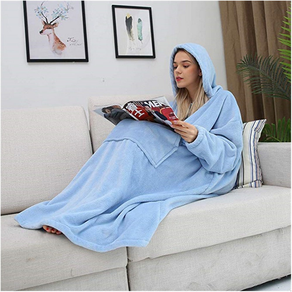 Blue Unisex Hoodie Blanket Hooded Oversized Long Wearable Throw Blanket