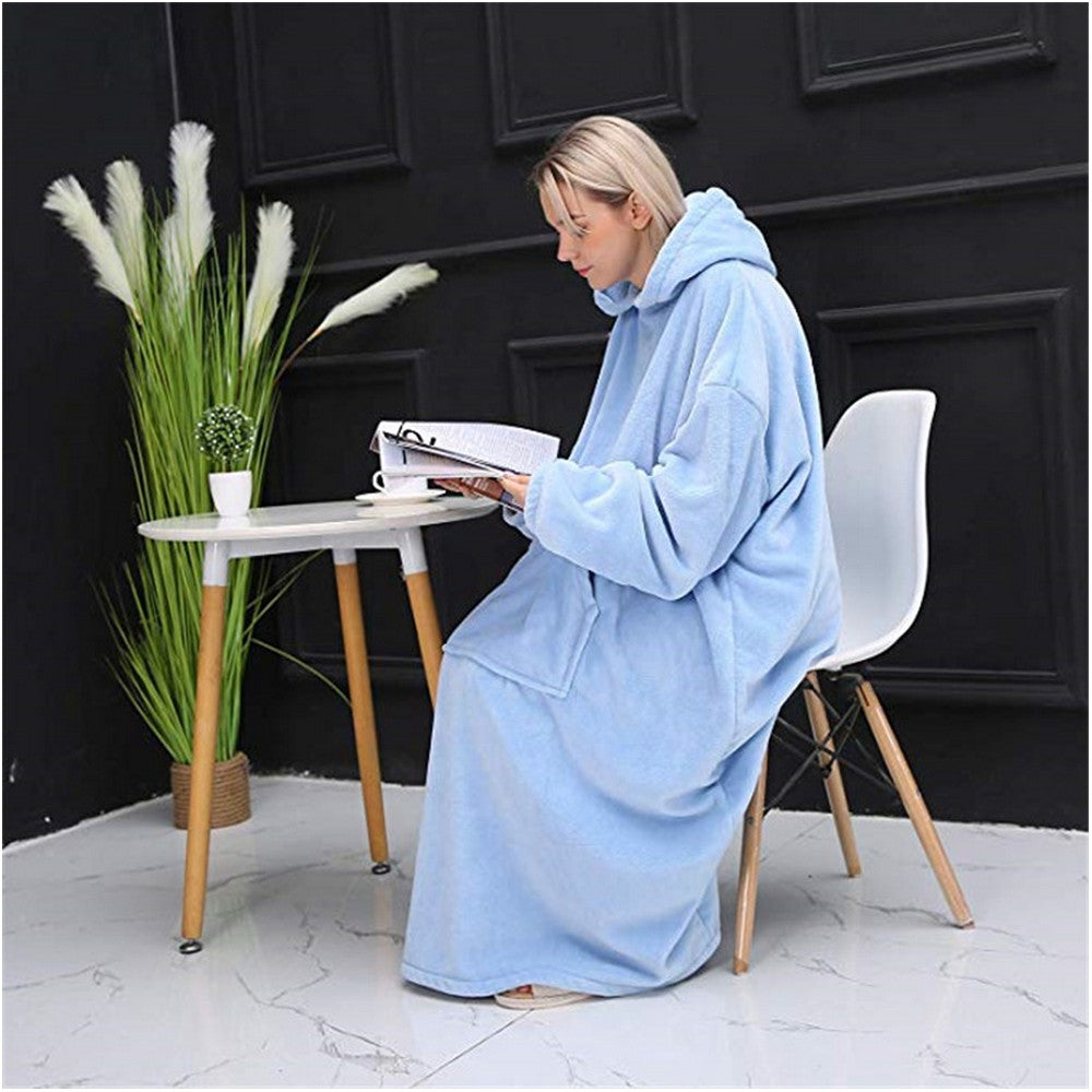 Blue Unisex Hoodie Blanket Hooded Oversized Long Wearable Throw Blanket