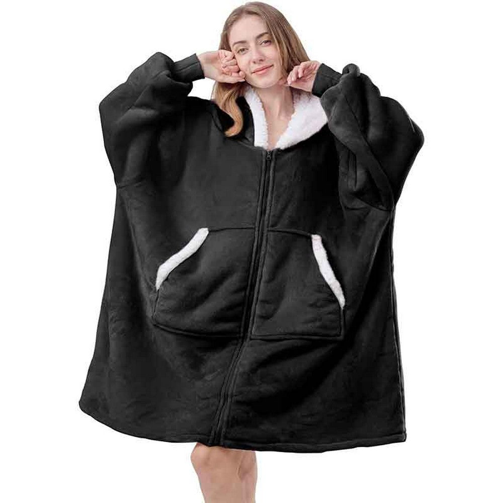Black Unisex Hoodie Blanket Hooded Oversized Wearable Throw Blanket