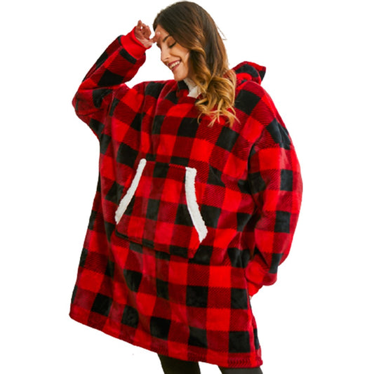 Red Plaid Unisex Hoodie Blanket Hooded Oversized Wearable Throw Blanket