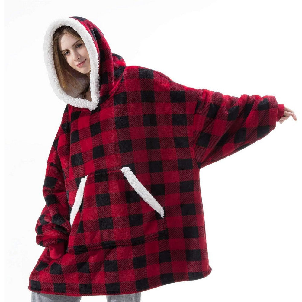 Red Plaid Unisex Hoodie Blanket Hooded Oversized Wearable Throw Blanket